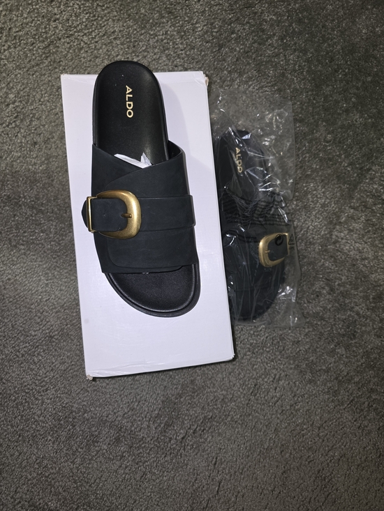 Aldo Shoes - ALDO Alenana Black Slide Sandals with Gold Buckle NIB